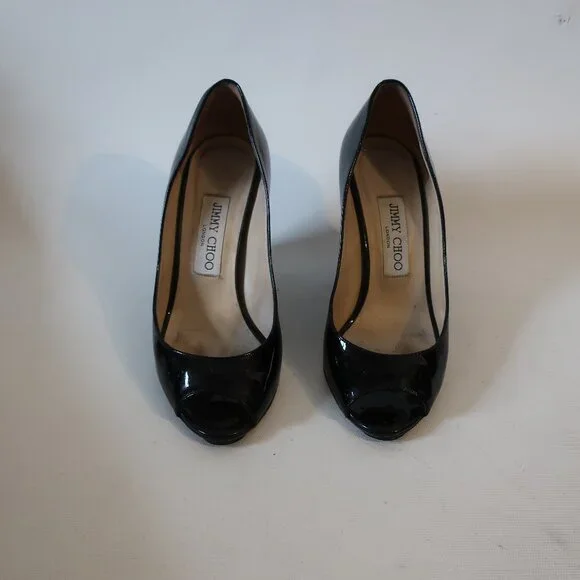 Women Jimmy Choo Baxen Black Patent Leather Peep Toe Wedge Pumps Heels 36 US/6